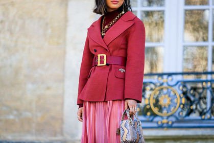 aimee song, animal print, blazer, brown bag, christian dior, graphic bag, leather bag, necklace, pink skirt, pleated skirt, printed bag, red belt, red jacket, snake print, sunglasses, fashion week, frenchystyle, FW, jonathan paciullo, street style, PFW, PARIS, AUTUMN WINTER 2019-2020, AW 19-20, FALL WINTER 2019-2020, FW 19-20, horizontal, atmosphere details, detail