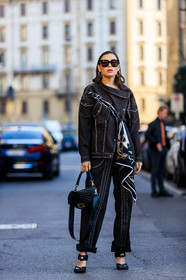 karina nigay, brown jacket, brown jeans, brown pants, wrap jacket, scarf detail, scarf, asymetrical jacket, black leather bag, monogrammed bag, fendi bag, hoop earrings, golden earrings, printed scarf, black scarf, striped jacket, striped jeans, striped pants, multi pocket jacket, black leather shoes, square shape glasses, fashion week, frenchystyle, FW, jonathan paciullo, street style, MFW, MILAN, AUTUMN WINTER 2020-2021, FALL WINTER 2020-2021, FW 20-21, vertical, full length