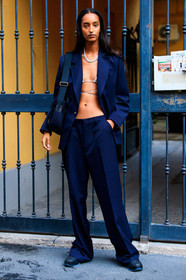 navy blue jacket, navy blue pants, navy blue suits, laced bra, silver necklace, big chain necklace, nose piercing, cropped top, bra, mona tougg, mona tougaard, street style, jonathan paciullo, FW, frenchystyle, fashion week, MFW, MILAN, SPRING SUMMER 2021, SS 21, vertical, full length, model
