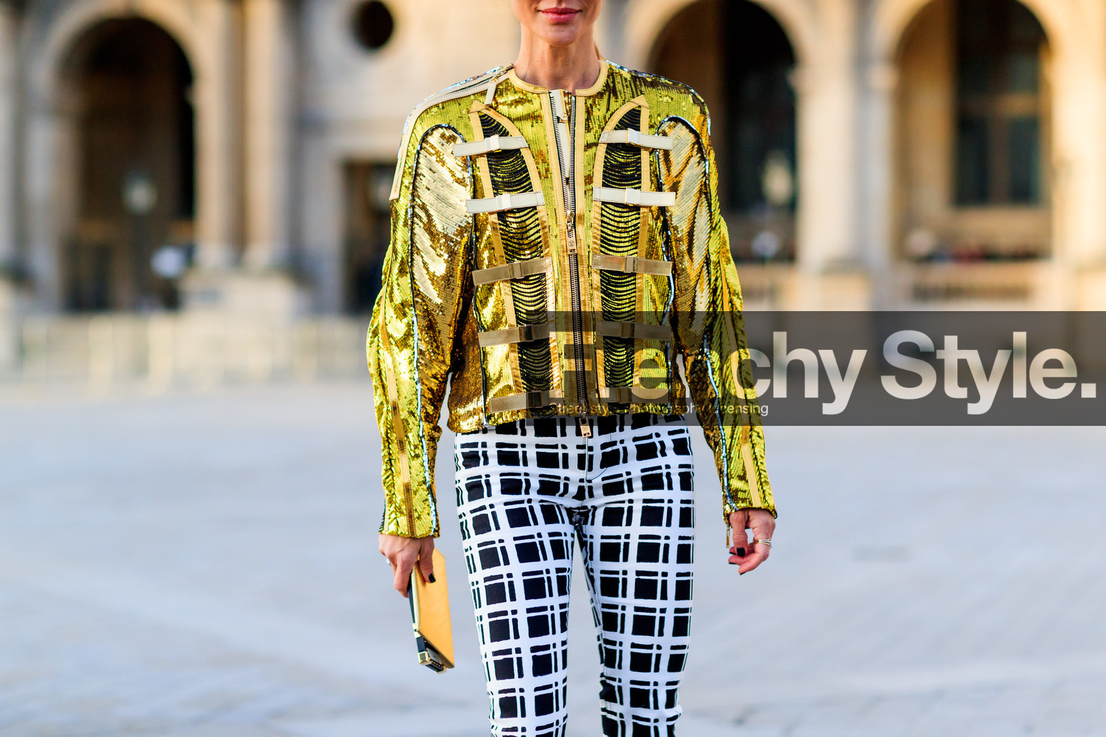 atmosphere details, AUTUMN WINTER 2017-2018, AW 17-18, checked pants, detail, FALL WINTER 2017-2018, fashion week, frenchystyle, FW, FW 17-18, gingham, glitter, gold, golden jacket, graphic jacket, graphic pants, horizontal, jonathan paciullo, PARIS, PFW, plaid, printed jacket, printed pants, street style, tartan, trousers