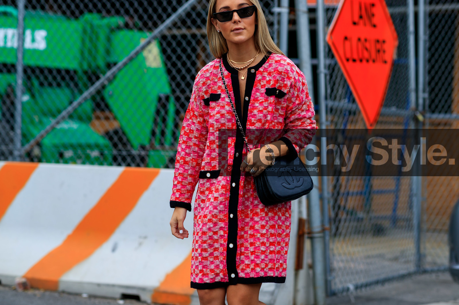 black bag, chanel handbag, graphic jacket, leather bag, necklace, printed jacket, red coat, sunglasses, tweed jacket, fashion week, frenchystyle, FW, jonathan paciullo, street style, NEW YORK, NYFW, SPRING SUMMER 2020, SS 20, horizontal, atmosphere details, detail