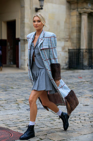 thom browne coat, grey jacket, grey skirt, mini skirt, pleated skirt, white socks, black leather boots, doc marteens shoes, laced boots, flat boots, light blue coat, brown coat, fur coat, school girl look, fashion week, frenchystyle, FW, jonathan paciullo, street style, PFW, PARIS, SPRING SUMMER 2020, SS 20, horizontal, full length