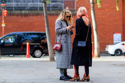 atmosphere details, black bag, black coat, black shoes, checked jacket, chelsea leyland, dyed hair, fashion week, frenchystyle, full length, FW, graphic jacket, grey coat, gucci, horizontal, jonathan paciullo, leather bag, leather shoes, LFW, LONDON, pink hair, plaid, printed jacket, red bag, SPRING SUMMER 2018, SS 18, street style, trousers, varnished leather shoes