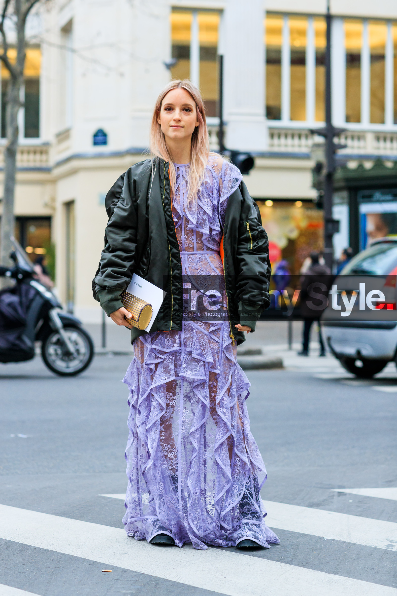 black boots, bomber jacket, green jacket, leather bag, purple dress, see through, sheer dress, silk dress, fashion week, frenchystyle, FW, jonathan paciullo, street style, PFW, PARIS, SPRING SUMMER 2017, SS 17, HAUTE COUTURE, vertical, full length, Charlotte Groeneveld