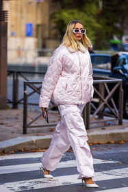Candela Novembre, cargo pants, jacket, mules, pants, pastel, pink jacket, pink pants, quilted jacket, rectangle sunglasses, sandals, sunglasses, white mules, white sandals, white sunglasses, fashion week, frenchystyle, FW, jonathan paciullo, street style, PFW, PARIS, SPRING SUMMER 2022, SS 22, vertical, full length