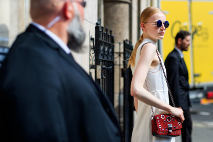 beige dress, graphic bag, leather bag, printed bag, red bag, studs, sunglasses, PFW, fashion week, frenchystyle, FW, jonathan paciullo, street style, PARIS, horizontal, atmosphere details, detail, model, AUTUMN WINTER 2018-2019, FALL WINTER 2018-2019, FW 18-19
