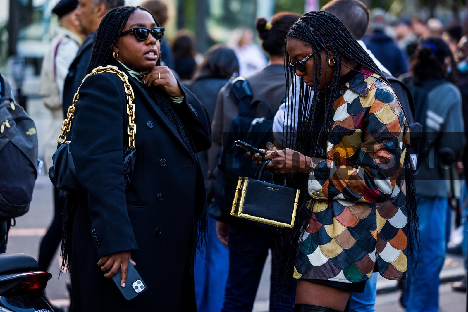 black bag, black coat, black sunglasses, bottega veneta bag, bracelet, brown jacket, chain bag, colored jacket, jacket, Jessica Willis, leather jacket, Lindsay Peoples Wagner, multicolor, patchwork, printed jacket, small bag, sunglasses, fashion week, frenchystyle, FW, jonathan paciullo, street style, PFW, PARIS, SPRING SUMMER 2022, SS 22, horizontal, atmosphere details