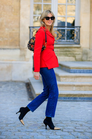 black bag, black shoes, blue denim, camille charriere, christian dior, céline, denim pants, embroidered bag, floral, flowers, graphic bag, high heels, jeans, leather bag, leather shoes, printed bag, red jacket, sunglasses, trousers, fashion week, frenchystyle, FW, jonathan paciullo, street style, PFW, PARIS, AUTUMN WINTER 2019-2020, AW 19-20, FALL WINTER 2019-2020, FW 19-20, vertical, full length