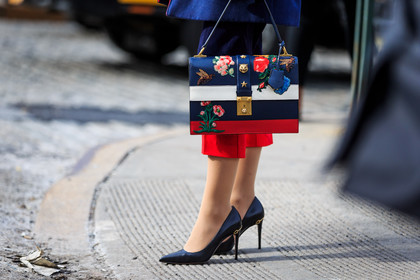 atmosphere details, AUTUMN WINTER 2016-2017, AW 16-17, black gloves, black heels, blue, blue bag, blue jacket, blue pants, detail, fashion week, floral, flower, frenchystyle, FW, FW 16-17, gucci, high heels, horizontal, jonathan paciullo, leather bag, leather gloves, leather shoes, navy, navy jacket, NEW YORK, NYFW, printed bag, red, street style, striped pants, stripes, white, woman