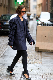 navy blue jacket, striped jacket, ruffle jacket, black pants, slim fit pants, black leather shoes, mary jane shoes, fringe shoes, black sunglasses, square shape glasses, erika boldrin, street style, jonathan paciullo, FW, frenchystyle, fashion week, MFW, MILAN, SPRING SUMMER 2021, SS 21, vertical, full length