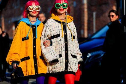 Ami and Aya Suzuki, black bag, blue sweater, checked, dyed hair, graphic jacket, gucci, hoodie, leather bag, necklace, pink hair, plaid, printed jacket, red bag, sunglasses, tights, tweed jacket, white jacket, yellow jacket, fashion week, frenchystyle, FW, jonathan paciullo, street style, MFW, MILAN, AUTUMN WINTER 2019-2020, AW 19-20, FALL WINTER 2019-2020, FW 19-20, atmosphere details, detail, horizontal