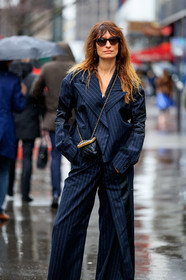 caroline de maigret, navy blue jacket, navy blue pants, striped jacket, striped pants, black leather bag, crossbody bag, quilted bag, mini bag, chanel bag, stella mccartney look, fashion week, frenchystyle, FW, jonathan paciullo, street style, PFW, PARIS, vertical, full length