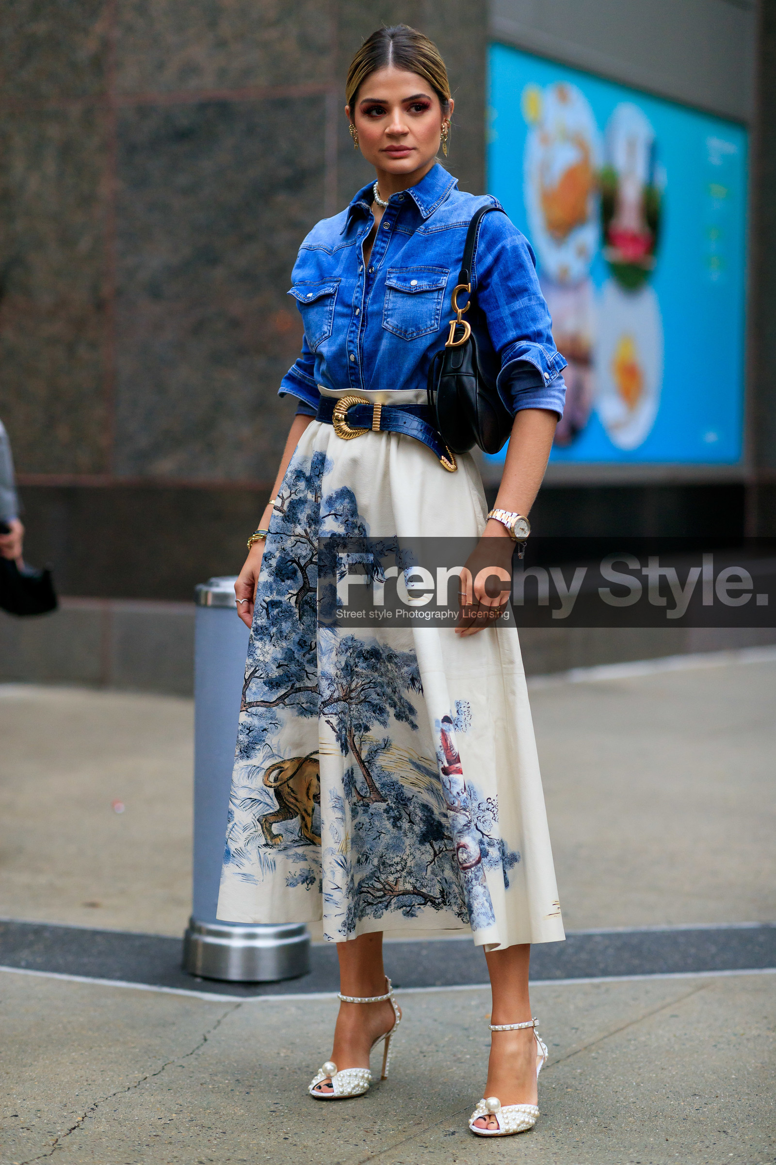 black bag, blue belt, blue denim, christian dior, denim shirt, embroideries, floral, flowers, graphic skirt, high heels, high waist, leather bag, leather belt, leather shoes, pearls, printed skirt, saddle bag, thassia naves, white shoes, white skirt, fashion week, frenchystyle, FW, jonathan paciullo, street style, NEW YORK, NYFW, SPRING SUMMER 2020, SS 20, vertical, full length
