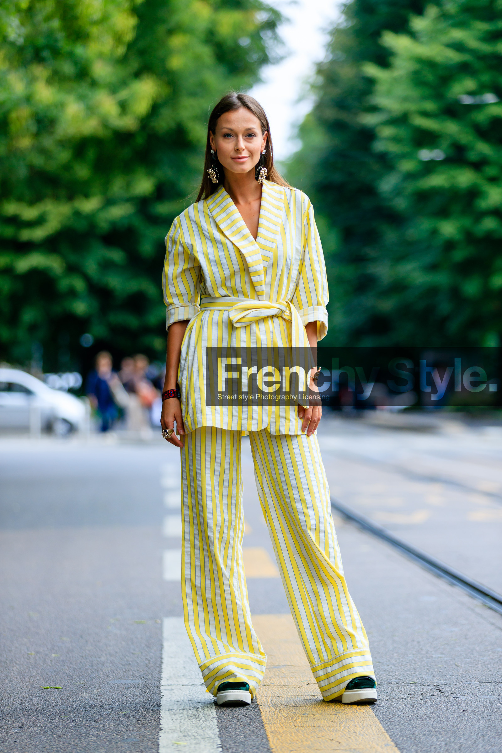 blazer, earrings, fashion week, frenchystyle, full length, FW, jonathan paciullo, MFW, MILAN, printed jacket, printed pants, printed suit, rings, SPRING SUMMER 2017, SS 17, street style, striped jacket, striped pants, striped suit, trousers, vertical, yellow jacket, yellow pants, yellow suit