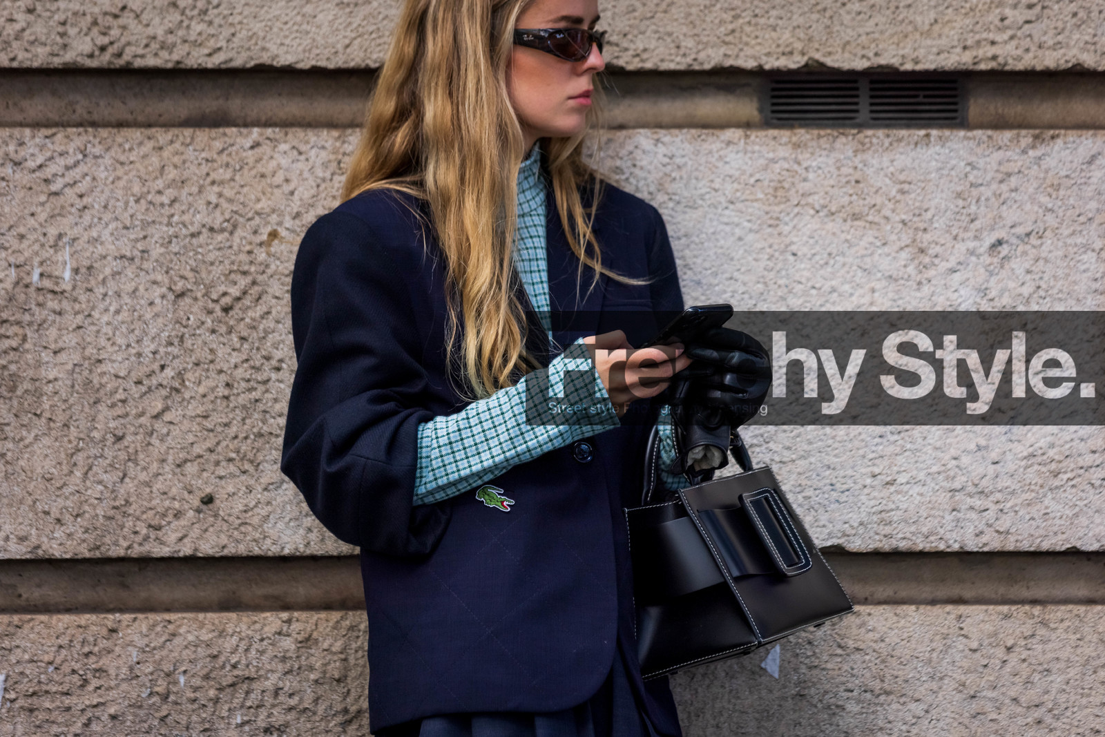 bag, black bag, black sunglasses, checked top, green top, lacoste, leather bag, navy blazer, navy jacket, print, sunglasses, top, turtleneck top, fashion week, frenchystyle, FW, jonathan paciullo, street style, PFW, PARIS, SPRING SUMMER 2022, SS 22, horizontal, atmosphere details