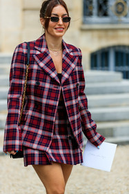 school girl look, checked jacket, checked skirt, checked suits, red jacket, red skirt, red suits, mini skirt, golden necklace, chain necklace, golden frame sunglasses, square shape glasses, dior jacket, dior skirt, dior total look, Karen Wazen Bakhazi, fashion week, frenchystyle, FW, jonathan paciullo, street style, PFW, PARIS, AUTUMN WINTER 2021-2022, FALL WINTER 2021-2022, FW 21-22, vertical, atmosphere details, detail