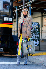 animal print, beige bag, black turtleneck, brown jacket, checked, fun sunglasses, gingham, glitter, graphic bag, graphic jacket, graphic shoes, graphic skirt, grey boots, gucci, high boots, high heels, leather bag, leather shoes, monogram, multicolor bag, multicolor skirt, plaid, printed bag, printed jacket, printed shoes, printed skirt, printed sweater, sequined skirt, striped skirt, sunglasses, tartan, street style, jonathan paciullo, FW, frenchystyle, fashion week, NYFW, NEW YORK, AUTUMN WINTER 2018-2019, AW 18-19, FALL WINTER 2018-2019, FW 18-19, vertical, full length