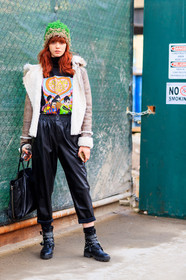 black bag, black pants, black shoes, brown jacket, green beanie, leather bag, leather pants, leather shoes, multicolor sweater, printed top, red head, shearling, studs, trousers, street style, jonathan paciullo, FW, frenchystyle, fashion week, NYFW, NEW YORK, AUTUMN WINTER 2018-2019, AW 18-19, FALL WINTER 2018-2019, FW 18-19, vertical, full length, model