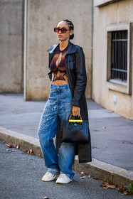 bag, baggy jean, black bag, black coat, blue jean, brown crop top, brown top, coat, crop top, cut out top, denim, gucci bag, Hera Pradel, jean, leather coat, orange top, printed crop top, printed top, sneakers, sunglasses, white sneakers, street style, jonathan paciullo, FW, frenchystyle, fashion week, PFW, PARIS, SPRING SUMMER 2022, SS 22, vertical, full length