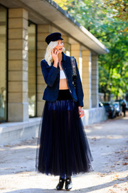 black hat, black jacket, black shoes, black skirt, blazer, bra, christian dior, dyed hair, fashion week, frenchystyle, full length, FW, jonathan paciullo, leather shoes, PARIS, PFW, see through, SPRING SUMMER 2018, SS 18, street style, tulle, vertical, model, karlie kloss