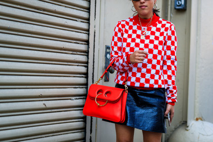 atmosphere details, black skirt, checked sweater, courrèges, detail, fashion week, frenchystyle, FW, horizontal, jonathan paciullo, jw anderson, leather bag, leather skirt, NEW YORK, NYFW, plaid, red bag, red sweater, SPRING SUMMER 2018, SS 18, street style
