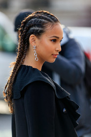 plaited hair, dangling earrings, diamond earrings, strassed earrings, logo earrings, chanel earrings, close up detail, earring detail, silvered earrings, fashion week, frenchystyle, FW, jonathan paciullo, street style, PFW, PARIS, vertical, atmosphere details, detail