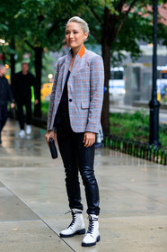 black pants, blazer, checked, graphic jacket, grey jacket, leather bag, leather pants, leather shoes, plaid, printed jacket, trousers, white shoes, fashion week, frenchystyle, FW, jonathan paciullo, street style, NEW YORK, NYFW, SPRING SUMMER 2020, SS 20, vertical, full length