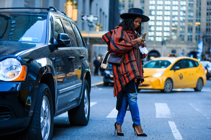 atmosphere details, AUTUMN WINTER 2016-2017, AW 16-17, black hat, black heels, blue denim, brown bag, christian louboutin, denim pants, embroidered coat, fashion week, frenchystyle, full length, FW, FW 16-17, high heels, horizontal, jeans, jonathan paciullo, leather bag, mini bag, NEW YORK, NYFW, red coat, street style, suede shoes, trousers, woman
