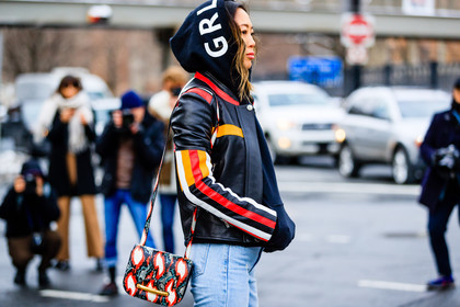 aimee song, atmosphere details, AUTUMN WINTER 2017-2018, AW 17-18, biker jacket, black jacket, black sweater, blue denim, denim pants, detail, FALL WINTER 2017-2018, fashion week, frenchystyle, FW, FW 17-18, graphic jacket, hoodie, horizontal, jeans, jonathan paciullo, leather bag, leather jacket, NEW YORK, NYFW, printed bag, printed jacket, street style, trousers