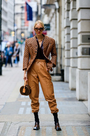 beige jacket, black shoes, brown bag, camel pants, checked, graphic bag, graphic jacket, leather bag, leather jacket, leather pants, leather shoes, leonie hanne, louis vuitton, monogram, necklace, plaid, printed bag, printed jacket, sunglasses, trousers, street style, jonathan paciullo, FW, frenchystyle, fashion week, LFW, LONDON, AUTUMN WINTER 2019-2020, AW 19-20, FW 19-20, FALL WINTER 2019-2020, vertical, full length