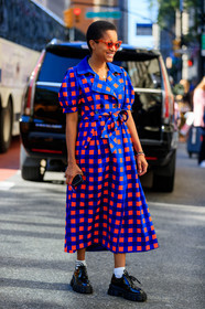 black shoes, blue, blue dress, checked, leather shoes, necklace, plaid, prada, red, sunglasses, tamu mcpherson, white socks, fashion week, frenchystyle, FW, jonathan paciullo, street style, NEW YORK, NYFW, SPRING SUMMER 2020, SS 20, vertical, full length
