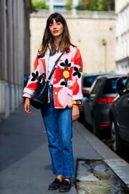 black bag, black loafers, black shoes, blue denim, denim pants, fashion week, floral, flowers, frenchystyle, full length, FW, graphic jacket, jeans, jonathan paciullo, leather bag, leather shoes, louise follain, PARIS, PFW, printed jacket, red jacket, SPRING SUMMER 2018, SS 18, street style, trousers, vertical, white t shirt