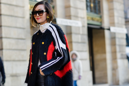 black coat, black denim, black fur coat, earrings, Fur coat, striped coat, striped jacket, sunglasses, turtleneck sweater, fashion week, frenchystyle, FW, jonathan paciullo, street style, PFW, PARIS, SPRING SUMMER 2017, SS 17, HAUTE COUTURE, atmosphere details, detail, horizontal, Chriselle Lim