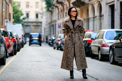 animal print, black shoes, black top, brown coat, graphic jacket, high boots, high heels, leather shoes, leopard, printed jacket, sunglasses, trench coat, yoyo cao, fashion week, frenchystyle, FW, jonathan paciullo, street style, MFW, MILAN, SPRING SUMMER 2019, SS 19, atmosphere details, horizontal, full length
