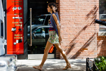 atmosphere details, brown sandals, fashion week, floral, flower, frenchystyle, full length, FW, green skirt, horizontal, jonathan paciullo, leandra medine, leather shoes, NEW YORK, nude sandals, NYFW, printed skirt, SPRING SUMMER 2017, SS 17, street style, striped sweater, woman