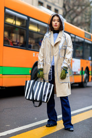 beige coat, black and white bag, blue denim, denim pants, graphic bag, graphic top, green gloves, hood, jeans, leather bag, printed bag, rain coat, striped bag, striped top, trousers, fashion week, frenchystyle, FW, jonathan paciullo, street style, MFW, MILAN, AUTUMN WINTER 2018-2019, FALL WINTER 2018-2019, FW 18-19, vertical, full length