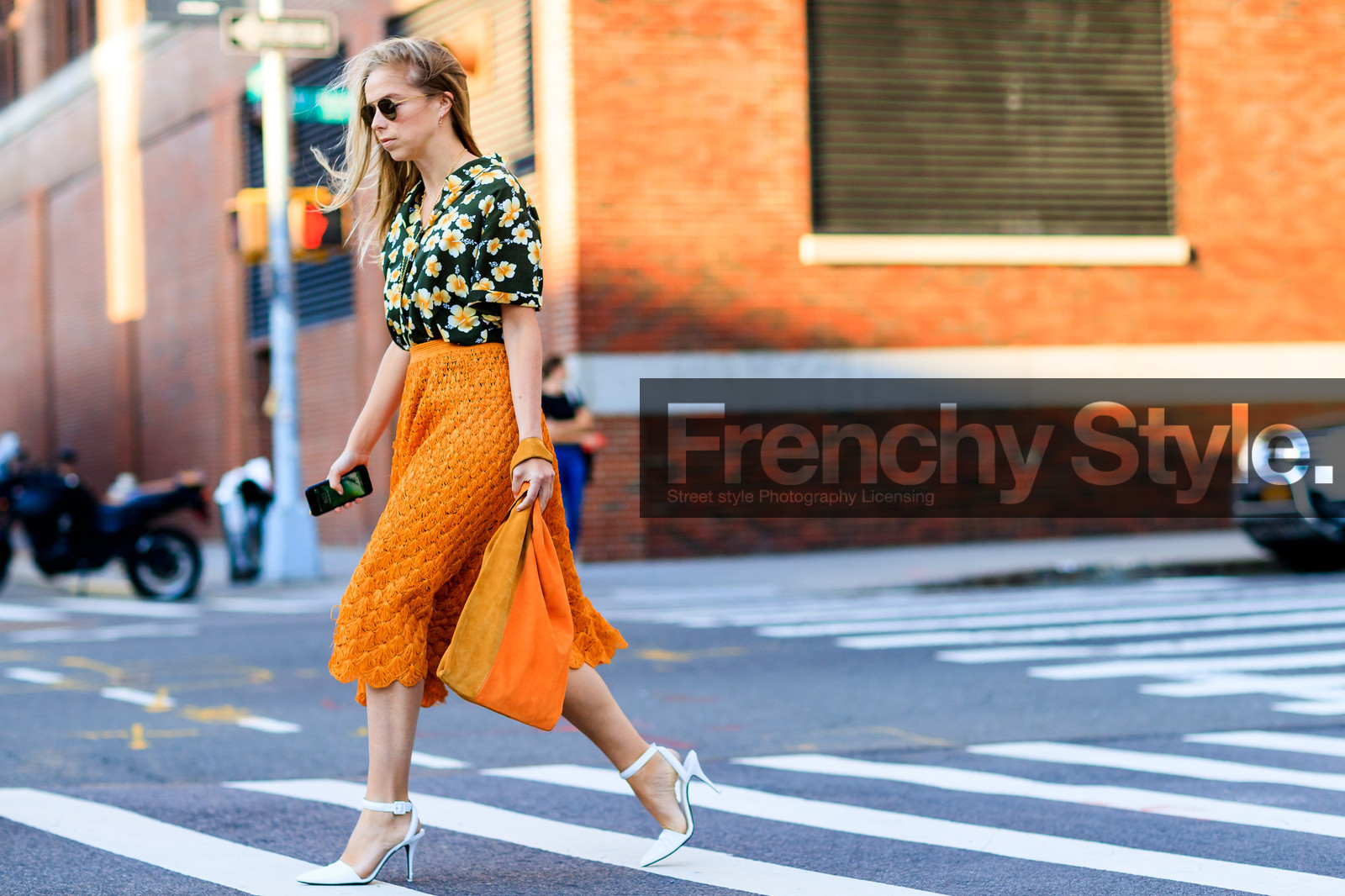 atmosphere details, chloe king, fashion week, floral, flowers, frenchystyle, full length, FW, green shirt, high heels, horizontal, jonathan paciullo, leather bag, leather shoes, NEW YORK, NYFW, orange bag, orange skirt, printed shirt, SPRING SUMMER 2018, SS 18, street style, suede bag, sunglasses, white shoes