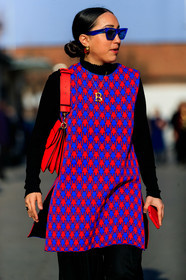 black sweater, blue dress, céline, earrings, graphic dress, jw anderson, leather bag, necklace, printed dress, red bag, red dress, sarah brody, sleeveless, sunglasses, fashion week, frenchystyle, FW, jonathan paciullo, street style, MFW, MILAN, AUTUMN WINTER 2019-2020, AW 19-20, FALL WINTER 2019-2020, FW 19-20, vertical, atmosphere details, detail