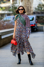 karina nigay, floral printed dress, asymetrical dress, high collar dress, long sleeves dress, sleeveless dress, ruffle dress, long dress, red leather bag, hand bag, balenciaga bag, black leather boots, squared toed shoes, square shape glasses, multicolor dress, fashion week, frenchystyle, FW, jonathan paciullo, street style, MFW, MILAN, AUTUMN WINTER 2020-2021, FALL WINTER 2020-2021, FW 20-21, vertical, full length