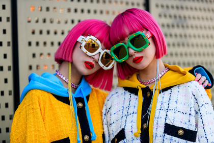 Ami and Aya Suzuki, blue sweater, checked, dyed hair, graphic jacket, gucci, hoodie, necklace, pink hair, plaid, printed jacket, sunglasses, tweed jacket, white jacket, yellow jacket, fashion week, frenchystyle, FW, jonathan paciullo, street style, MFW, MILAN, AUTUMN WINTER 2019-2020, AW 19-20, FALL WINTER 2019-2020, FW 19-20, atmosphere details, detail, horizontal