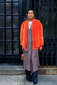 brown dress, camel bag, earrings, fur jacket, grey pants, leather bag, orange fur, orange jacket, tamu mcpherson, trousers, frenchystyle, jonathan paciullo, street style, NYFW, NEW YORK, AUTUMN WINTER 2019-2020, AW 19-20, FALL WINTER 2019-2020, FW 19-20, fashion week, FW, vertical, full length