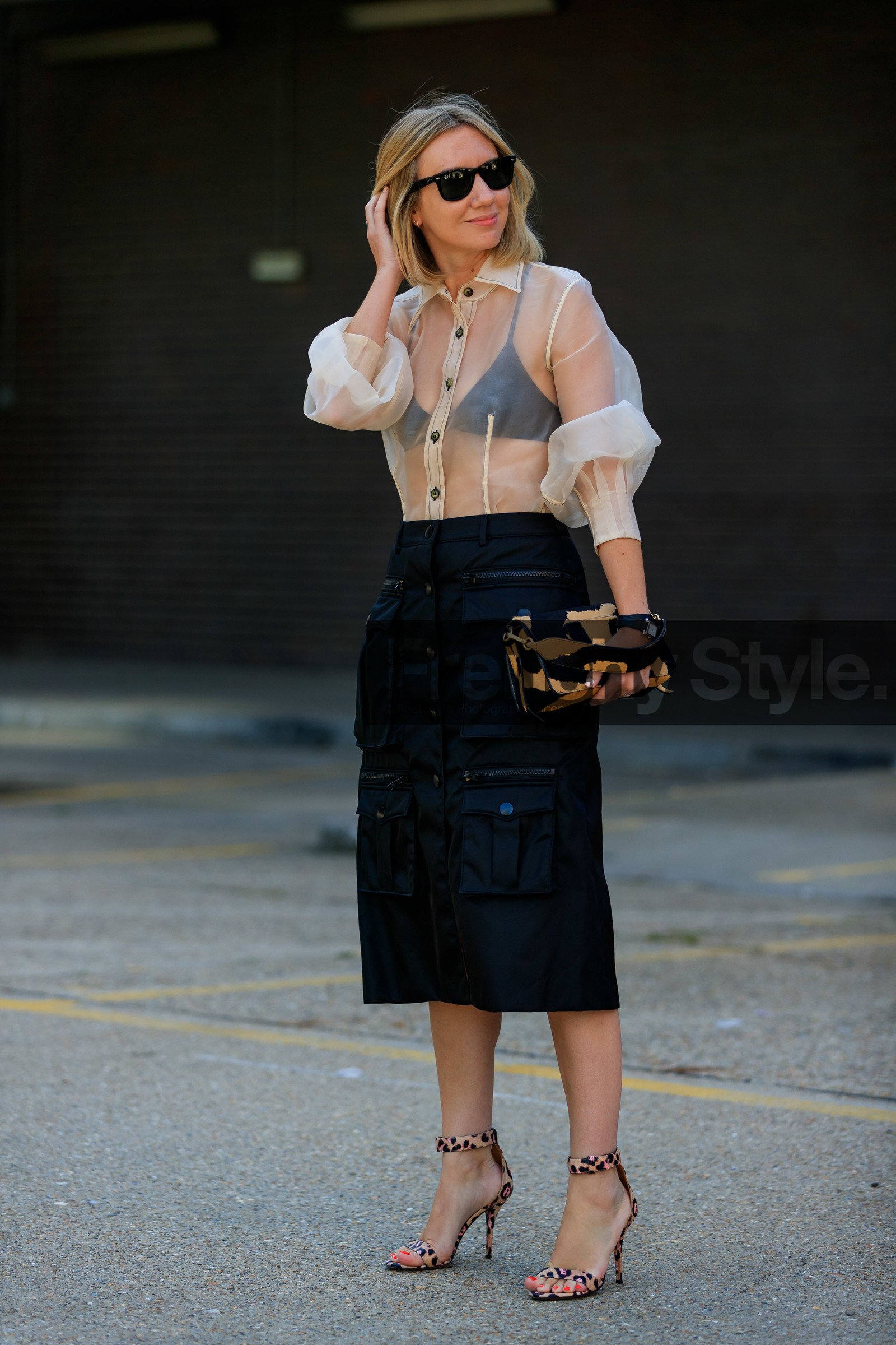 lisa aiken, rayban sunglasses, brown scale sunglasses, sheer shirt, nude shirt, black bra, black skirt, multi pocket skirt, button skirt, balloon sleeves, animal printed bag, fur bag, hand bag, mid long skirt, animal print sandals, fur sandals, hermes watch, fashion week, frenchystyle, FW, jonathan paciullo, street style, vertical, full length