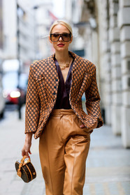beige jacket, brown bag, camel pants, checked, graphic bag, graphic jacket, leather bag, leather jacket, leather pants, leonie hanne, louis vuitton, monogram, necklace, plaid, printed bag, printed jacket, sunglasses, trousers, street style, jonathan paciullo, FW, frenchystyle, fashion week, LFW, LONDON, AUTUMN WINTER 2019-2020, AW 19-20, FW 19-20, FALL WINTER 2019-2020, vertical, full length