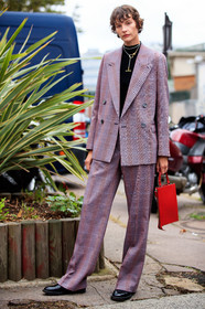 sara blomqvist, red jacket, red pants, red suits, loose jacket, loose pants, checked jacket, checked pants, checked suits, red leather bag, zipped bag, hand bag, silvered chain necklace, silvered necklace, golden necklace, long necklace, charlotte chenais necklace, street style, jonathan paciullo, FW, frenchystyle, fashion week, PFW, PARIS, SPRING SUMMER 2021, SS 21, vertical, full length, model