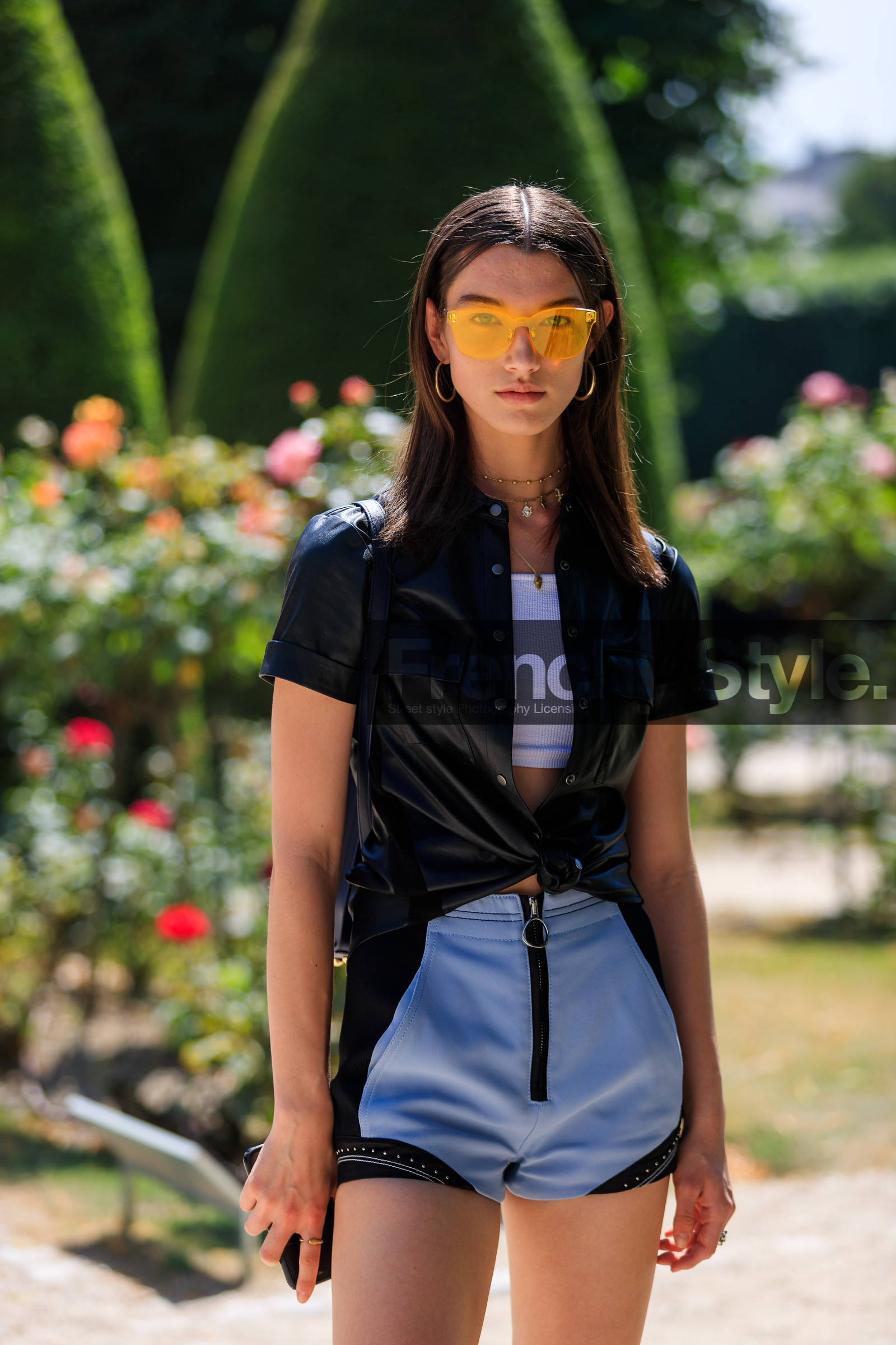black shirt, choker, crop top, grey shorts, leather shirt, necklace, sunglasses, white top, fashion week, frenchystyle, FW, jonathan paciullo, street style, PFW, PARIS, vertical, detail, atmosphere details, model, AUTUMN WINTER 2018-2019, FALL WINTER 2018-2019, FW 18-19, Grace Elizabeth