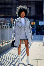 grey coat, grey jacket, high heels, leather shoes, over the shoulder, red lips, white boots, white sweater, fashion week, frenchystyle, FW, jonathan paciullo, street style, NYFW, NEW YORK, AUTUMN WINTER 2018-2019, AW 18-19, FALL WINTER 2018-2019, FW 18-19, vertical, full length