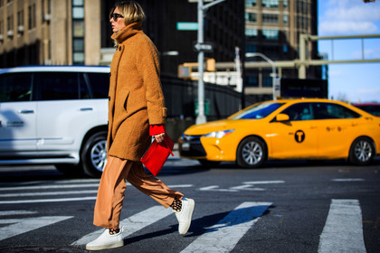 atmosphere details, AUTUMN WINTER 2016-2017, AW 16-17, brown coat, camel jacket, camel pants, camille charriere, fashion week, fishnet, frenchystyle, full length, FW, FW 16-17, horizontal, jonathan paciullo, leather sneakers, NEW YORK, NYFW, red clutch, silk pants, street style, sunglasses, white sneakers, woman