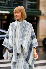 vika gazinskaya, grey pullover, grey skirt, white pullover, white skirt, white cape, grey cape, lavalliere collar, knit skirt, knitwear, oversize pullover, striped cape, striped pullover, striped skirt, fashion week, frenchystyle, FW, jonathan paciullo, street style, PFW, PARIS, vertical, atmosphere details, detail