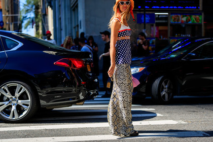 graphic skirt, printed skirt, sunglasses, animal print, blue top, graphic skirt, graphic top, orange hat, polka dot, printed skirt, printed top, snake print, fashion week, frenchystyle, FW, jonathan paciullo, street style, NEW YORK, NYFW, SPRING SUMMER 2020, SS 20, horizontal, atmosphere details, detail