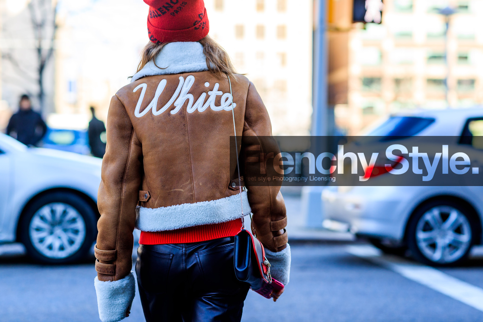 balenciaga, black bag, black pants, brown jacket, fur collar, leather bag, leather jacket, leather pants, off white, red beanie, shearling, trousers, fashion week, frenchystyle, FW, jonathan paciullo, street style, NYFW, NEW YORK, AUTUMN WINTER 2018-2019, AW 18-19, FALL WINTER 2018-2019, FW 18-19, atmosphere details, horizontal, detail, jessica minkoff
